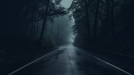 Fototapeta premium Dark, Foggy Road Through Dense Forest on a Gloomy Night