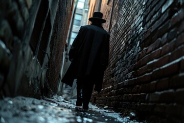 A person in a black coat and hat walks down a narrow alleyway, available for use in scenes involving mystery, suspense, or everyday life