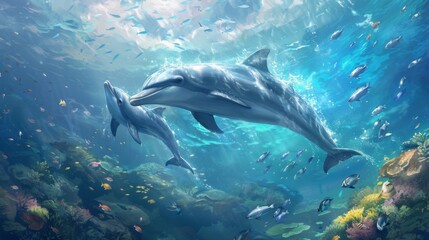 Fototapeta premium A pair of dolphins playfully swimming alongside schools of fish in the open ocean waters.
