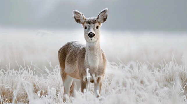 Frost-covered deer standing gracefully in a snowy meadow, embodying endurance and adaptability in winter's challenging conditions, a serene winter scene