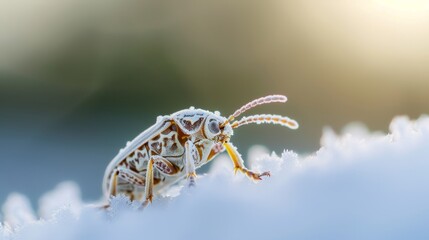 Fototapeta premium Frost-touched insect on a winter morning, showcasing resilience in a chilly environment, delicate frost patterns on its body