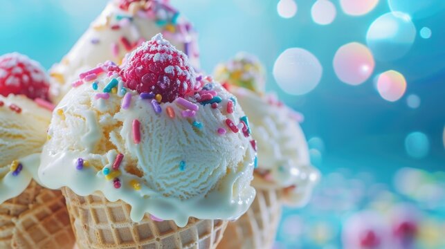 Colorful ice cream cones filled with sweet treats, perfect for a fun event or party