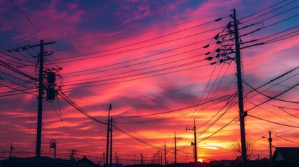 A panoramic view of telephone signal poles against a vibrant sunrise sky, symbolizing the start of a new day with connectivity.