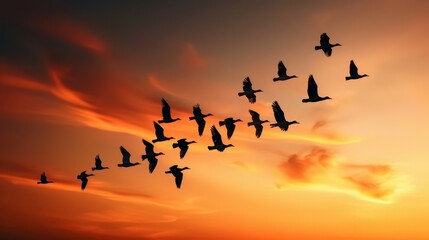 Obraz premium Group of birds in synchronized flight, species frozen in a captivating pattern, set against a dramatic sunset sky, emphasizing harmony and beauty