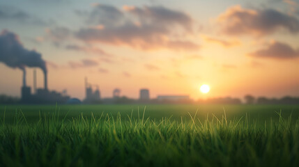 Fototapeta premium A factory with smoke emissions at sunrise, viewed from a grassy field, creating a striking contrast between industry and nature.