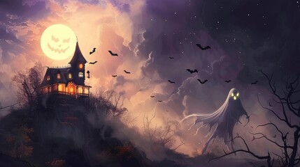 Fototapeta premium Eerie halloween night with ghostly apparitions and fluttering bats under the moonlight