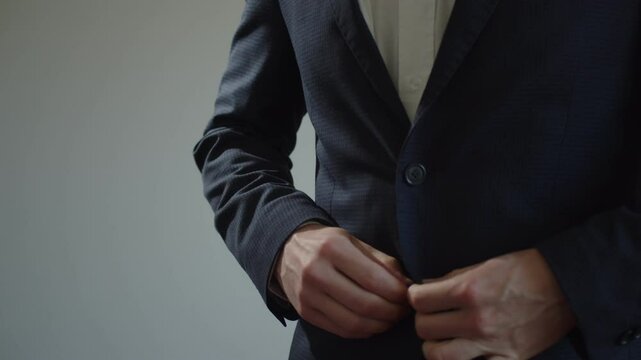 A young adult man fastens the buttons on a business suit on a white background