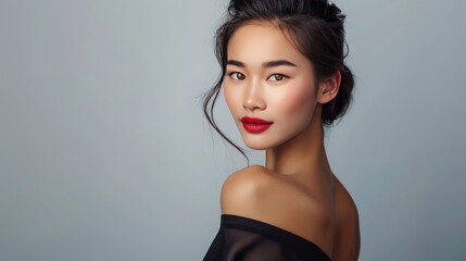 Fototapeta premium A stylish Asian woman with a great figure and flawless skin poses in a chic black dress, embodying the ideals of beauty,