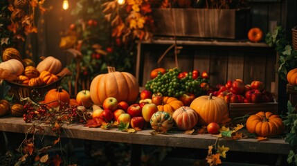 An autumn still life arrangement, featuring a variety of fruits and vegetables such as pumpkins, apples, and squash