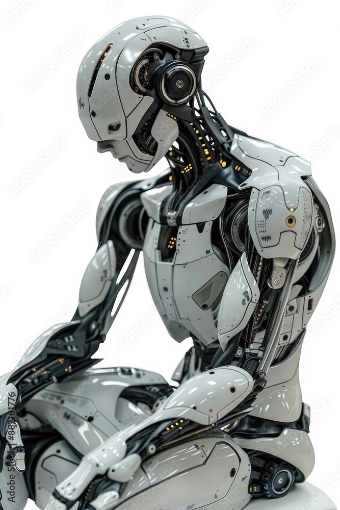 Aufkleber a white robot sitting on a white surface, suitable for use in technology or sci-fi themed projects