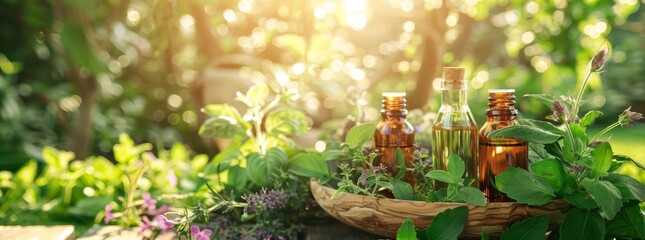 Natural cosmetics, oil for skin care, herbs, mint in glass jars, test tubes on a green background in the garden, natural ingredients for massage