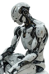 A white robot sitting on a white surface, suitable for use in technology or sci-fi themed projects