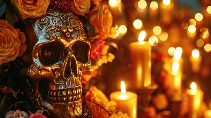 Traditional Mexican Altar for Day of the Dead with Golden Skull