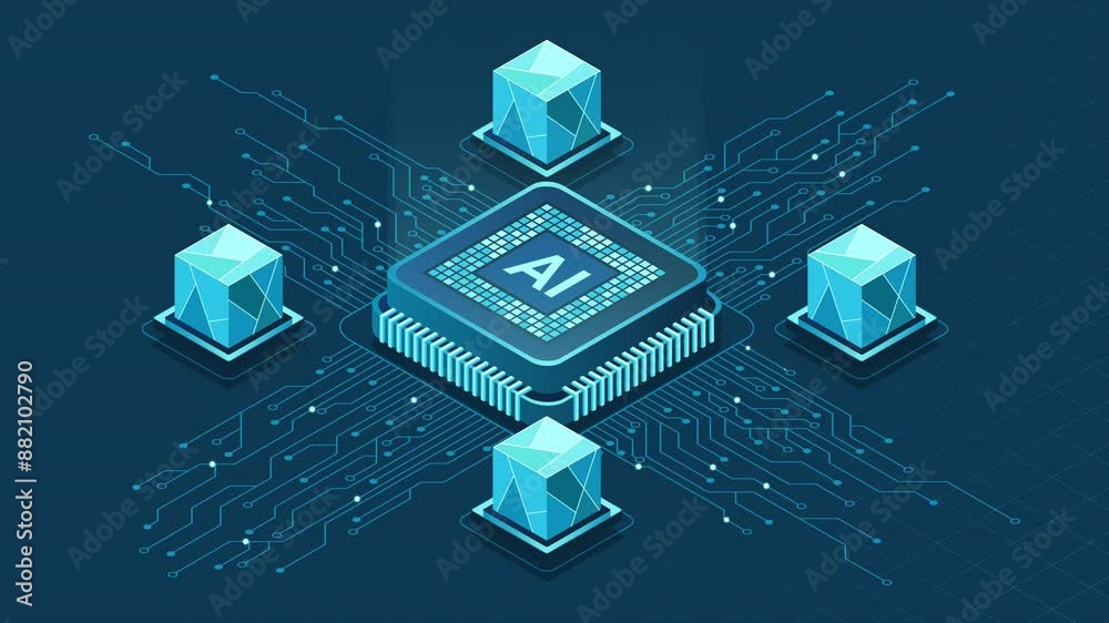 Poster isometric artificial intelligence chip animation. artificial intelligence concept. futuristic microc