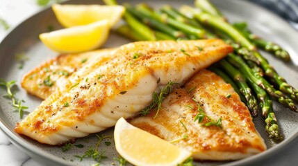 Perfectly fried tilapia fillet served with fresh asparagus on a marble tray