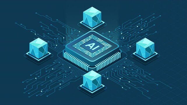 Isometric artificial intelligence chip animation. Artificial Intelligence concept. Futuristic microchip processor. Motion graphic. 4K video animated in isometric style