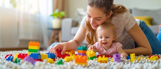 Fototapeta premium Positive caring young mom and cute toddler kid playing toy building blocks on carpeted floor, sitting at heap of colorful cubes in home living room. Mother teaching child, helping to improve skills