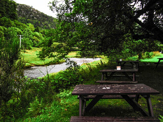 SCOTLAND, HIGHLANDS : Pic Nic Table near a river in Scottish Highlands, Scotland, Great Britain, Europe