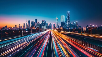 Fototapeta premium Studio shot capturing the movement of traffic along an urban highway at night, with blurred headlights creating a dynamic effect leading towards a distant city skyline illuminated by city lights.