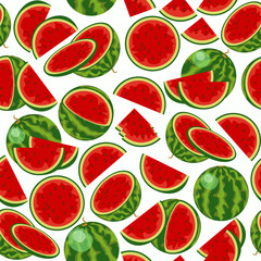 watermelon background, seamless texture, colorized vector illustration. red juicy watermelons are scattered randomly on a white background, whole and in pieces