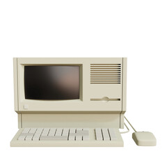 Vintage white Desktop PC with keyboard and mouse on transparent background. 3D rendering