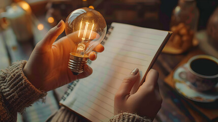Innovative Ideas and Exciting Work Moments: Human Hands Holding Lightbulb, Notebook, and Coffee Cup with Copy Space   Stock Photo Concept