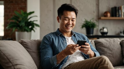 A happy handsome Asian man checking social media on his smart phone while sitting on the sofa at home. The man smiled and seemed happy with his cell phone