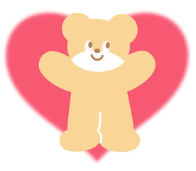 Illustration of teddy bear and big red heart for cartoon character, comic, mascot, animal, sticker, standee, Valentine card, cute patches, shirt print, brooch, plush toy, kid doll, zoo, souvenir shop