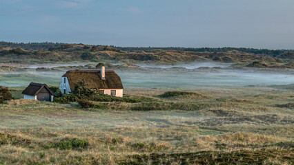 straw-roofed house in the sand-dunes when the fog settles