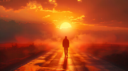Fototapeta premium Photo Realistic Human Silhouette Against Sunrise with Open Road Freedom and New Beginnings Concept with Copy Space