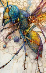 Close-up of a colorful, iridescent ant with intricate details.