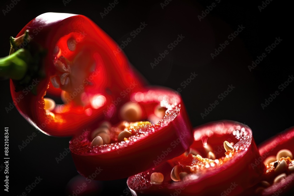Poster a close-up shot of a sliced red pepper with its natural texture and color