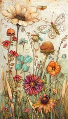 Skimmers and bushcrickets in a meadow, intricate textures, vibrant and dramatic natural elements