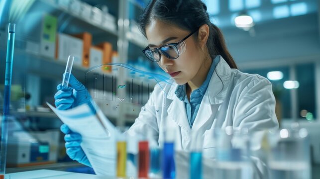 A researcher analyzing scientific data with bar graphs, demonstrating experimental results and conclusions.