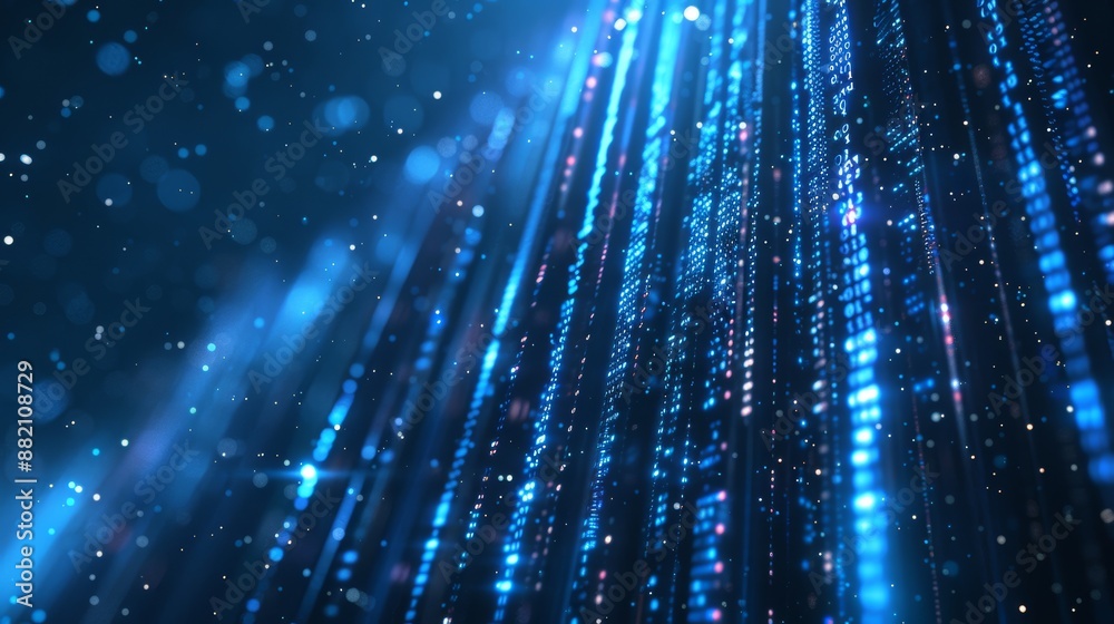Poster concept of a digital cyberspace containing particles and a digital data network.