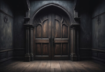 A frontal view of a dark room with an old wooden door, dark and mysterious atmosphere, ancient gothic castle © Giuseppe Cammino