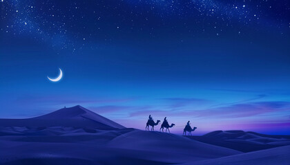 Fototapeta premium Camels in the desert at night with a caravan on the sand dunes under a crescent moon on a starry sky, representing the concept of Ramadan.