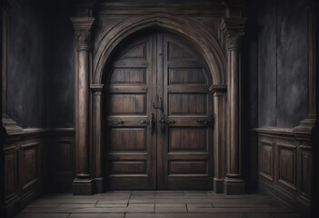Fototapeta premium A frontal view of a dark room with an old wooden door, dark and mysterious atmosphere, ancient gothic castle