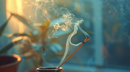 Incense stick burning with smoke rising in a peaceful setting