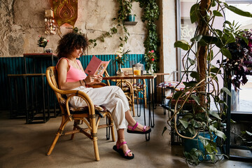 A woman in stylish attire sits in a cafe in Europe, reading a menu.