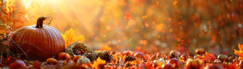 Harvest Celebration: Photo Realistic Individual Blended with Pumpkin and Cornucopia, Thanksgiving Symbolism with Copy Space