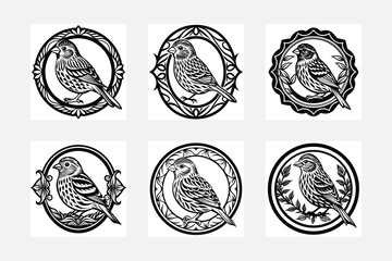 Bird with flower and floral frame set handmade design vector illustration