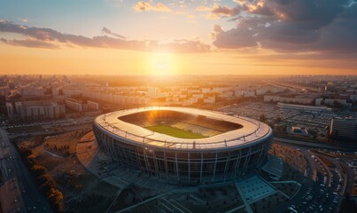 aerial view of modern soccer stadium with city around in sunset