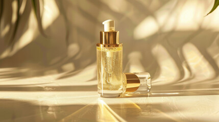 A premium anti-aging serum in a glass bottle, with gold accents and a slight shimmer effect.