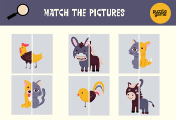 Match halves of cute cartoon farm animals. Logical game for kids.