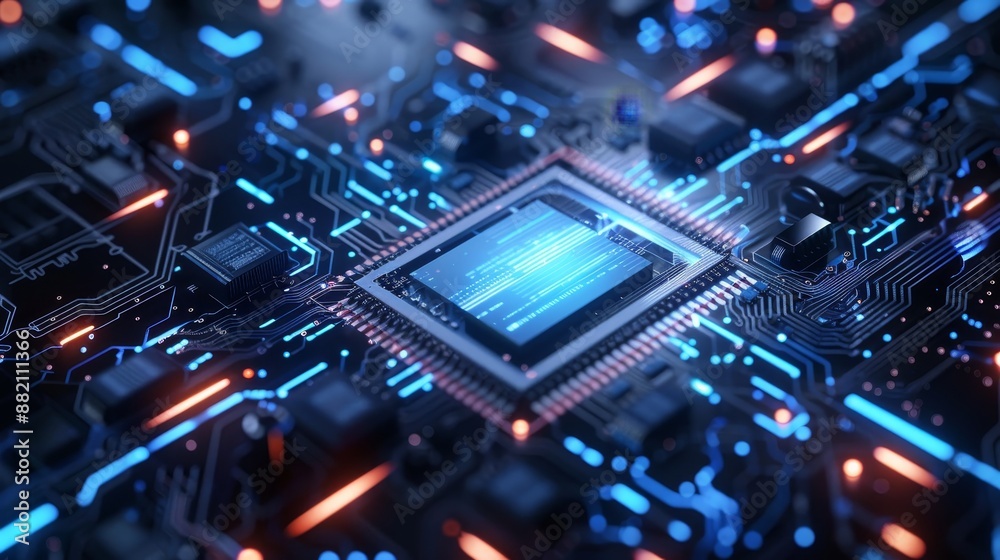 Poster a computing processor, cpu, microchip, and electronic circuit board. a conceptual background of adva