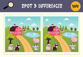 Fototapeta premium Find spot 5 differences. Educational matching game for children. Cartoon vector illustration.