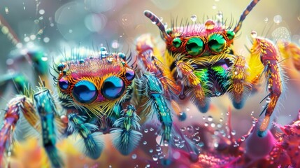 Fototapeta premium Two vibrant jumping spiders with dew drops on their bodies, close-up.