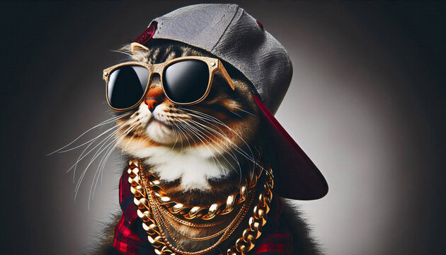 Superstar Katze mit Basecap, Sonnenbrille und goldener Halskette isoliert auf dunklem Hintergrund, copy space