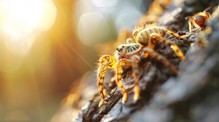 Tarantulas on a tree, paper wasps flying around, detailed macro shot, vibrant hues, intense interaction
